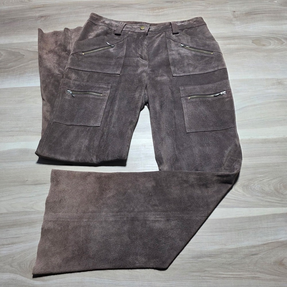 Context Suede‎ Leather Cargo Pants Womens 8P Brown Petite Utility Zip Pocket